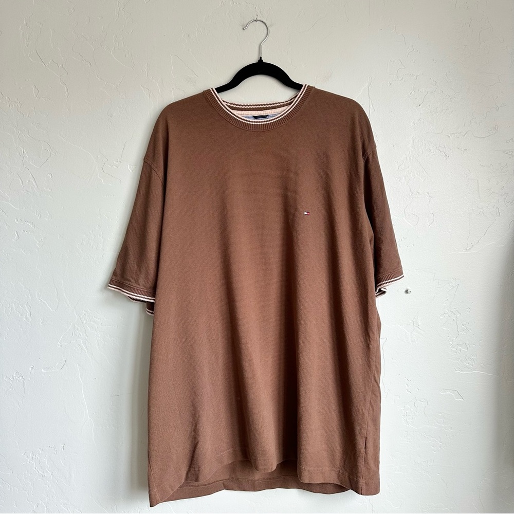 Tommy Hilfiger Men’s Y2K Chocolate Brown Short Sleeve‎ Textured Cotton Shirt XXL